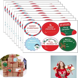 Christmas gift label stickers set featuring snowman and reindeer patterns on gift boxes