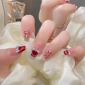 Faux Ongles Press On Rouge Vin Oeil De Chat Style Français Avec Künstliche Perles Et Noeuds Rouges Motif Feu D'artifice Brillants