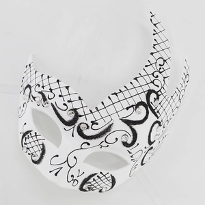 Close-up of Venice style half face mask with black glitter patterns and rhinestones