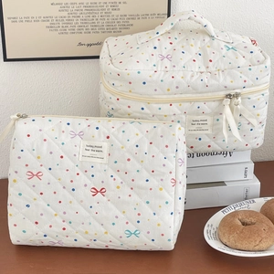 Quilted Makeup Bag Colorful Polka Dot Bow Cosmetic Organizer Travel Pouch Sweet Aesthetic Soft Cotton Storage For Women