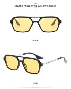 Detailed views of retro aviator sunglasses with black frames and yellow lenses