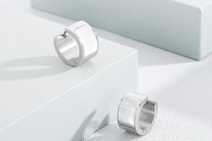 Macro shot of silver stainless steel leverback earrings with rectangular white shell inlay
