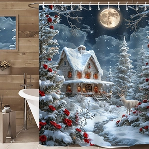 Rideau de douche 3D de Noël avec cabane enneigée, élan blanc et décor de roses rouges