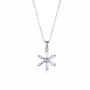 Silver flower necklace with clear zircon crystals and thin chain on white background