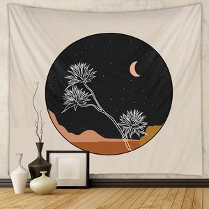 Detailed texture of bohemian sun and moon tapestry on a textured wall background