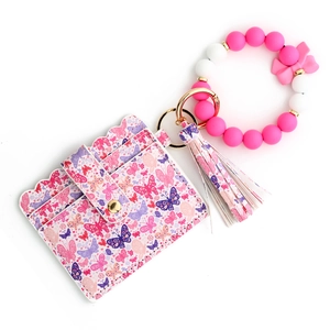 Pink butterfly print PU leather card holder wallet with silicone bead bracelet keychain