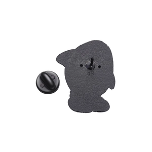 Detail view of black enamel pin back with durable rubber clutch for secure fastening