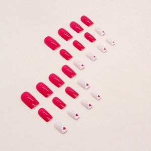 Detailed view of 24pcs medium square press-on nails with rose red and heart designs