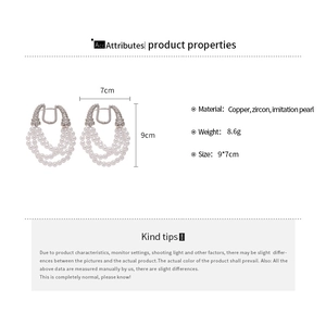 Detail view of multi-layer pearl tassel earrings with zircon copper clasp specifications