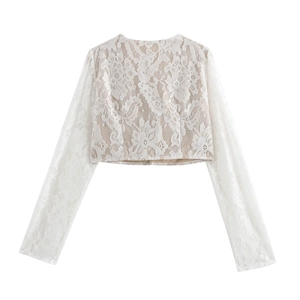 Close-up of elegant white floral lace texture on short cardigan top with nude lining