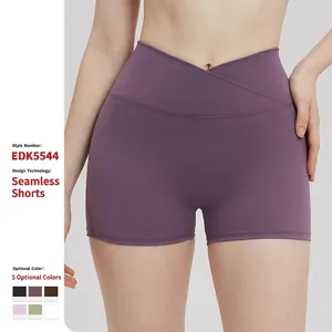 Women Crossover High Waist Yoga Shorts Nylon Spandex Brushed Gym Fitness Running Workout Butt Lift Tight Short Leggings