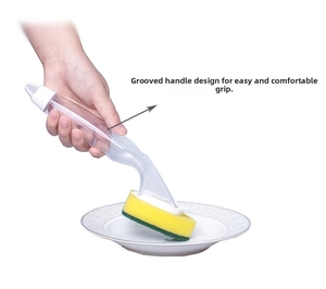 Detail showing the ergonomic grooved long handle design for comfortable dish scrubbing