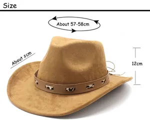 Size chart showing 8cm brim and 57-58cm circumference of brown suede cowboy hat