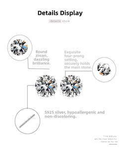 Detailed view of S925 sterling silver studs with four-prong set round cubic zirconia