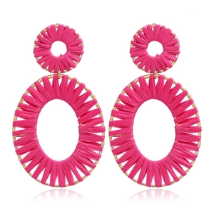 Pink raffia woven geometric earrings with gold frames, trendy summer resort style jewelry