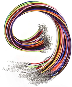 Macro shot of 2mm multi-color waxed cotton cord necklaces with metal lobster clasps