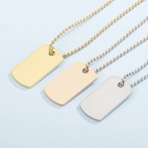 Polished stainless steel rectangular dog tag necklaces in gold, rose gold and silver