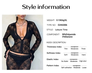 Size chart and style info for black Y2K sheer lace cardigan with slim fit fabric details