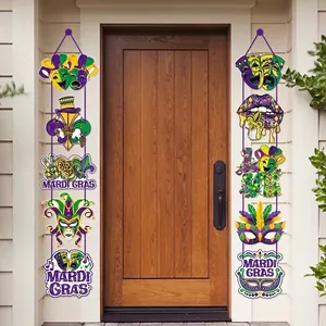Mardi Gras mask party door banners featuring purple green and gold festive decorations