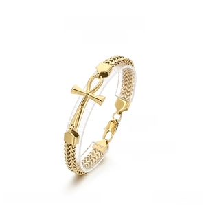 Detail of gold Ankh bracelet with heavy woven chain and lobster clasp, 220mm length