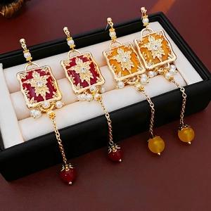 Vintage Dangle Earrings With 925 Sterling Silver Earring Post Alloy Flower Square Artificial Pearl Resin Tassel For Women