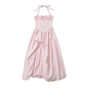 Robe Maxi En Polyester Dos Nu À Licou Pour Femmes Sexy Corsage Froncé Fente Haute À Lacets Élégante Jupe Bouffante Soirée Robe Longue