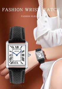 Macro shot of a classic rectangular watch featuring blue hands and Roman numeral dial