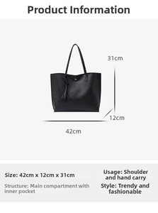 Detailed size chart for black lychee texture tote bag measuring 42cm x 31cm with tassel