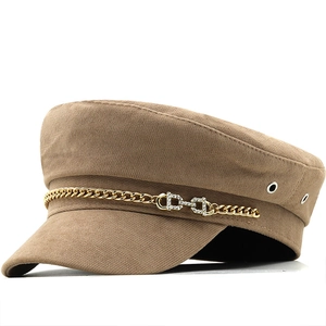 Women Newsboy Cap Retro British Style Baker Boy Hat Cotton Blend With Gold Metal Chain Rhinestone Buckle Flat Top Vintage