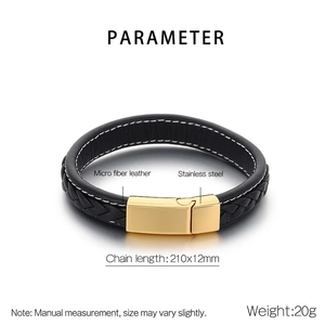 Detail of black braided leather bracelet with golden stainless steel magnetic buckle
