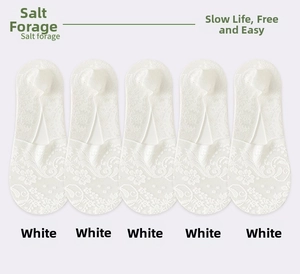 Detailed flat lay of five pairs of white floral lace low cut invisible socks for women