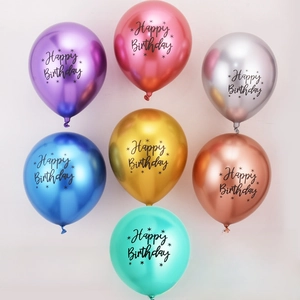 Detail of 12-inch metallic latex Happy Birthday balloons in 7 colors, 50 pieces per pack