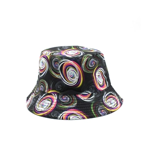 Detailed view of colorful 3D galaxy vortex print on black bucket hat with stitched brim
