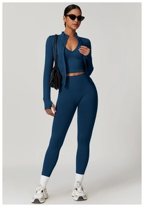 Ensemble de yoga 3 pièces bleu de Prusse avec haut, veste et legging taille haute