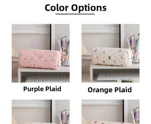 Quilted pencil case with cute bear patterns in purple and orange checkered designs