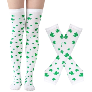 Detailed view of white over-the-knee socks with green shamrock patterns for Saint Patrick's Day