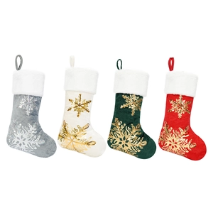 Set of 4 Christmas stockings with gold embroidered snowflakes and plush white faux fur cuffs