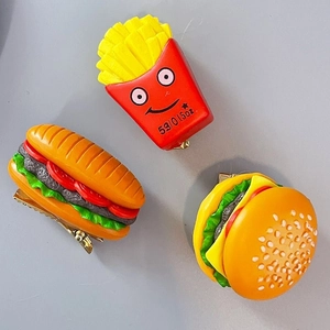 Funny 3-piece set of simulated food hair clips featuring burger, fries, and sandwich designs