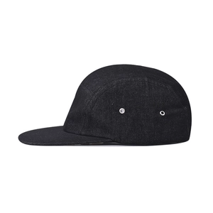 Minimalist black cotton denim 5-panel camper hat with flat brim and metal eyelets