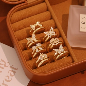 Golden double-layer butterfly and elephant ring set with sparkling zircon in velvet box