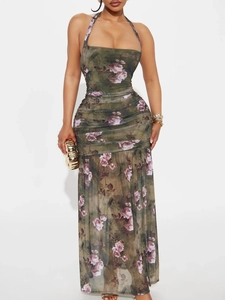 Halter Maxi Dress Floral Rose Print Mesh Ruched Slim Fit Backless Sexy Sleeveless Evening Party Gown For Women