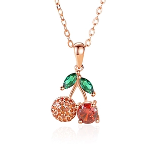 Elegant S925 sterling silver cherry pendant necklace with red cubic zirconia in rose gold