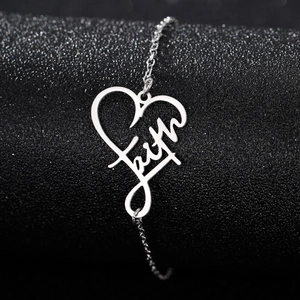 Polished silver stainless steel bracelet featuring a hollow heart faith pendant