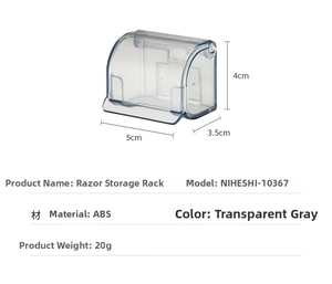Detailed dimensions of transparent grey ABS razor wall mount holder with 45-degree angle view