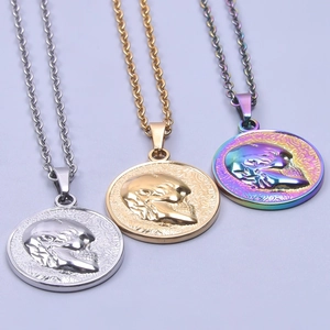 Three skull relief pendant necklaces in silver, gold and rainbow finishes with O-chains