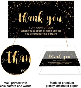 Detail of premium glossy thank you card featuring gold foil patterns and elegant typography