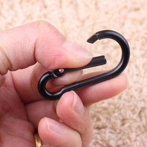 Close-up of hand holding a black D-shaped carabiner showing the spring gate function