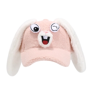 Rosa Plüsch-Baseballkappe mit Hasenohren und Stickerei für Damen im Winter