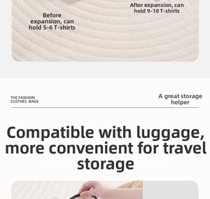 Detail showing the expandable capacity of the beige striped travel storage bag