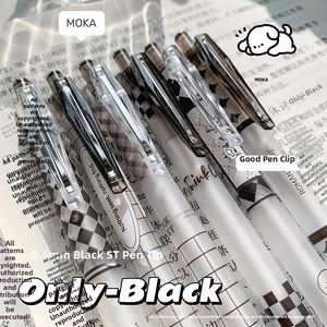 Detailed close-up of 0.5mm black ink pens with stylish patterns and secure clips